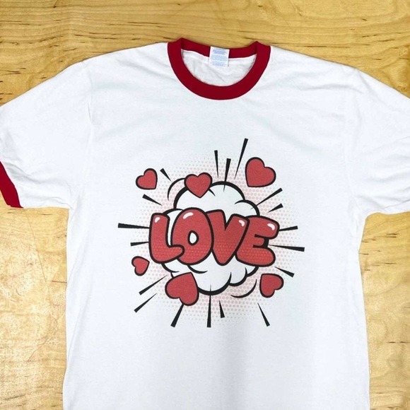 LOVE Pop Art Red and White Ringer T-Shirt - Picture 1 of 5